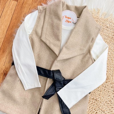 Conj. Colete em Fleece, Blusa Manga Longa Canelada e Legging em Couro Ecológico - Areia e Preto